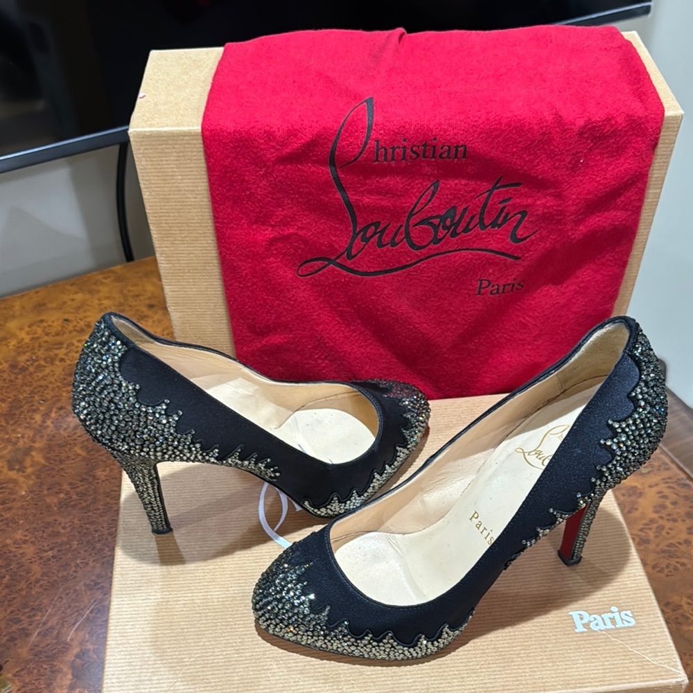 Christian Louboutin Black and Silver Sparkly Heels